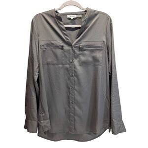 Calvin Klein Women's Silver Button-Down Roll Sleeve Zipper Pocket Blouse, Medium